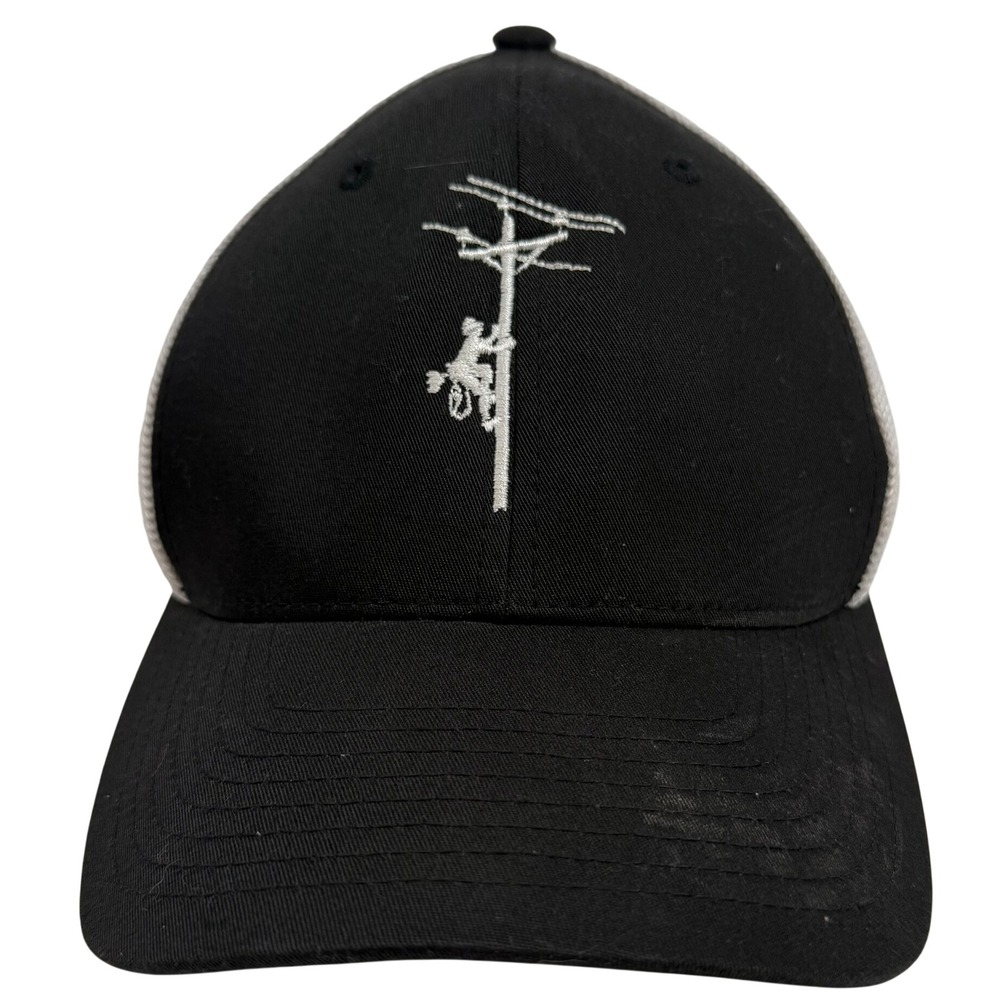 Lineman Wear Yupoong Flexfit Mesh Trucker Hat Black White Embroidered Workwear